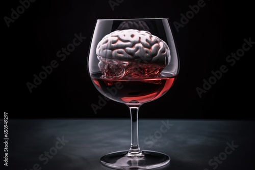 The irons human brain lie in a wine glass , standing on a dark background #658949297