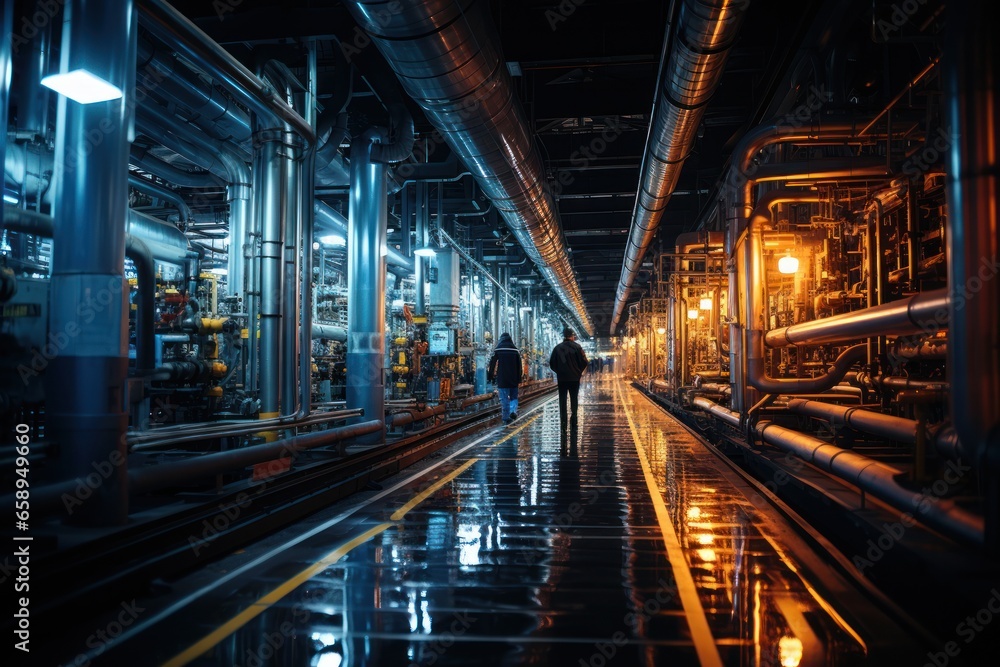 Fototapeta premium Close up details of industrial pipeline system at oil refinery plant. Pumps and hydraulic systems, vales and operations at petroleum manufacturing facility