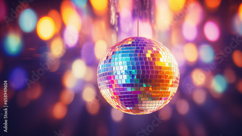 Party lights disco sparkling ball, Beautiful rotating sparkling mirror disco ball weighs on the ceiling in the room changes color from pink to blue. Lights flicker. disco party celebration concept