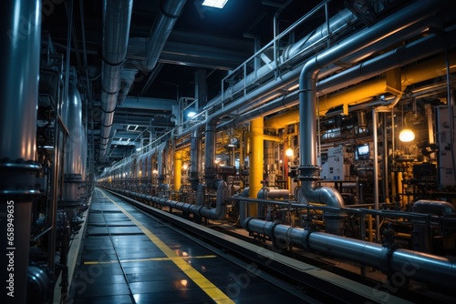 Close up details of industrial pipeline system at oil refinery plant. Pumps and hydraulic systems, vales and operations at petroleum manufacturing facility