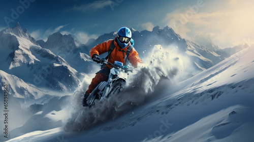 Motorbike in the snow mountains. Male biker on a motorcycle rides on a snowy off-road through snow. Cyclist riding the bike in the beautiful snowy mountains. Extreme sport and biking concept.