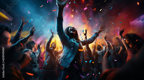 Close up photo of many party people dancing colourful lights confetti flying everywhere nightclub event hands raised up wear shiny clothes, disco party Christmas Xmas celebration concept