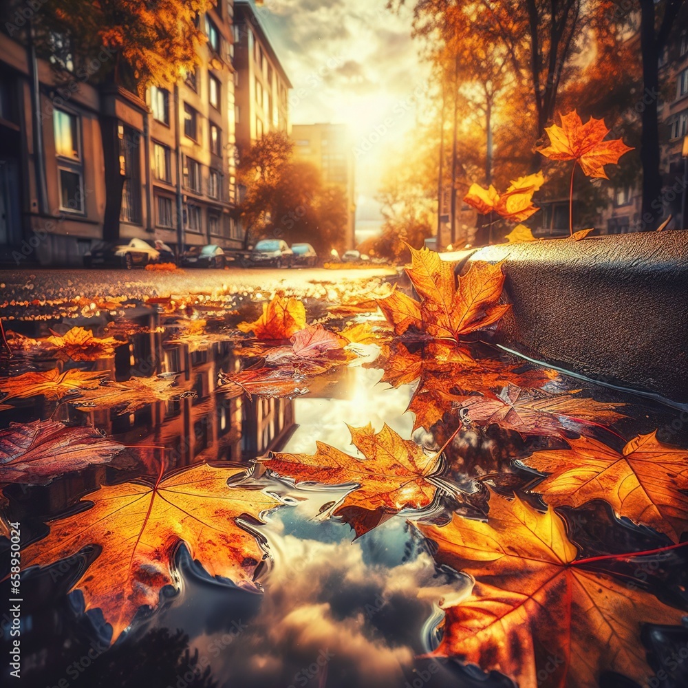 Autumn maple leaves on the water in the street. Generative AI