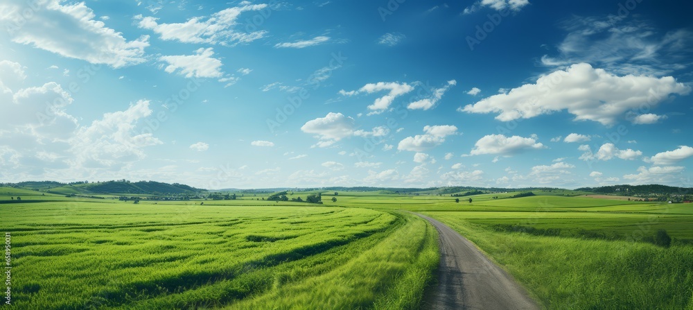 Fototapeta premium Countryside road between grass field. Generative AI technology. 