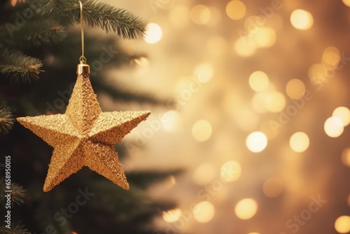 Closeup of a golden star on a decorated christmas tree with lighting