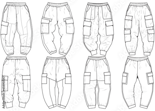 Cargo Pants fashion hand drawing technical  template. Cargo pocket fashion mockup for training.