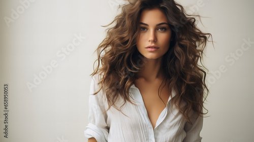 Portrait of young woman with long wavy hair standing by side looking at the camera and wearing white blouse isolated on white background, advertising banner sale concept, copy space photo