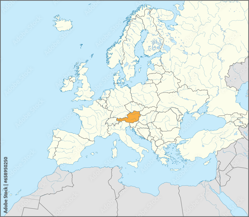 Obraz premium Gray CMYK national map of AUSTRIA inside detailed white blank political map of European continent on blue background using Mollweide projection