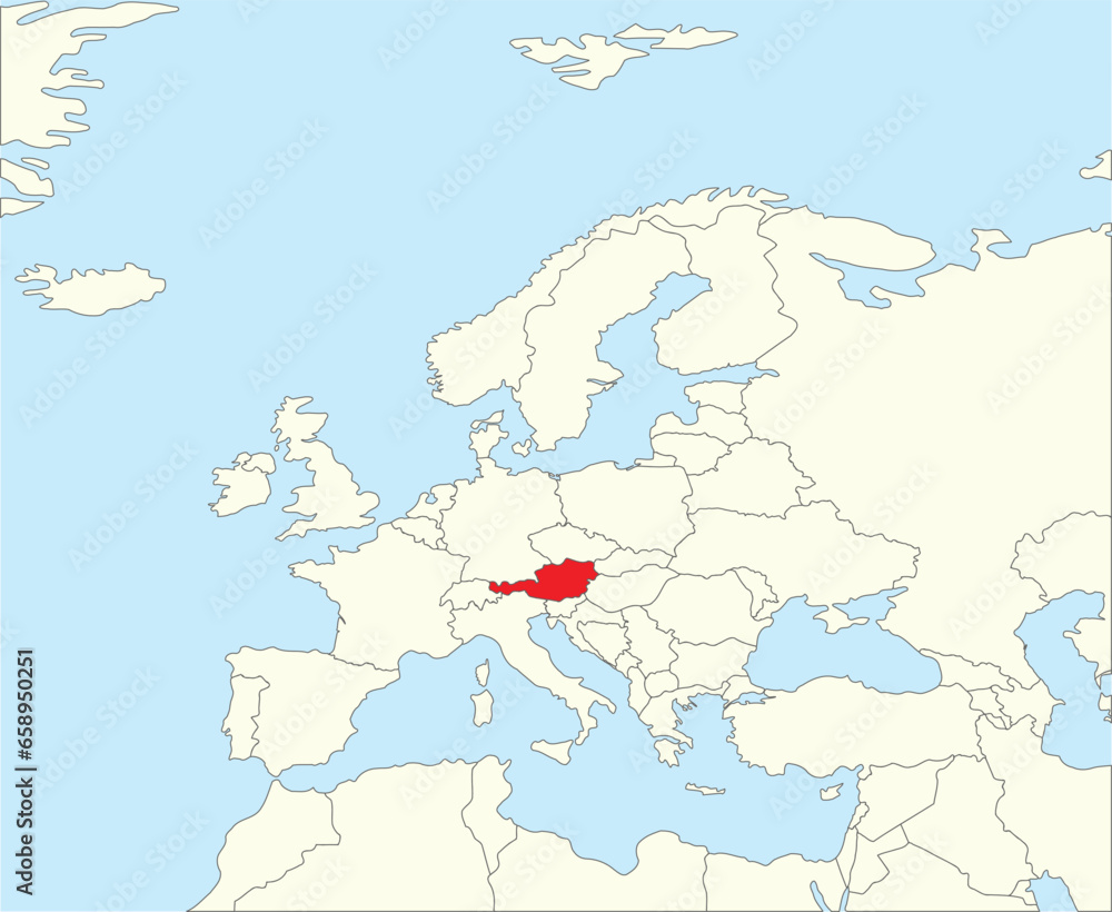 Fototapeta premium Red CMYK national map of AUSTRIA inside simplified beige blank political map of European continent on blue background using Winkel Tripel projection