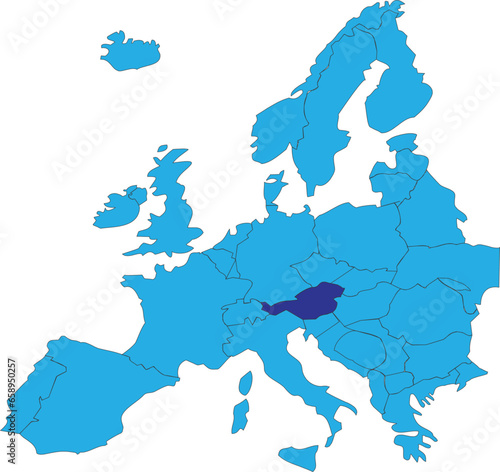 Dark blue CMYK national map of AUSTRIA inside simplified blue blank political map of European continent on transparent background using Peters projection © Sanja