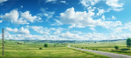 Countryside road between the green grass field. Generative AI technology. 