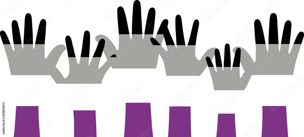 Obraz premium Silhouette of black, grey, white and purple colored hands as the colors of the asexual flag. Flat design illustration. 