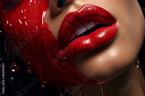 wide angle dark photography of a young woman,  mouth half open, open eyes, face of ecstasy taken from above with strong fashion, makeup, glossy red lipstick photo