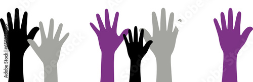 Silhouette of black, grey, white and purple colored hands as the colors of the asexual flag. Flat design illustration.	