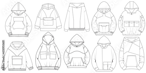 Oversized hoodie technical fashion illustration with relaxed fit, long sleeves. Flat outwear jumper apparel template. Women, men, unisex sweatshirt top mockup