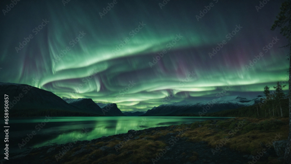 Panorama notturno in Norvegese con l'aurora boreale