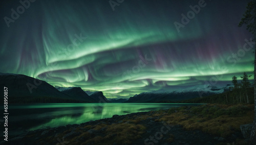 Panorama notturno in Norvegese con l'aurora boreale