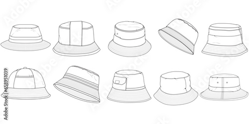 set of bucket hat outline drawing vector, bucket hat in a sketch style, template outline for training, vector Illustration.