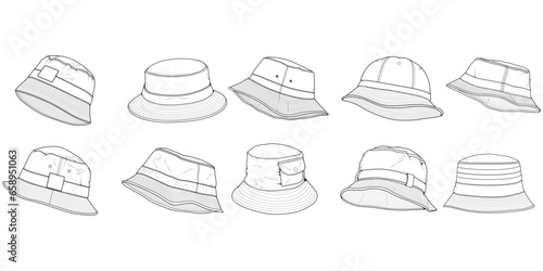 set of bucket hat outline drawing vector, bucket hat in a sketch style,  template outline for training, vector Illustration.