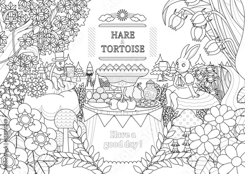 うさぎとかめ／Hare & Tortoise 仲良しパーティー コピースペースありイラスト（ぬりえ線画）
（Rabbit and Turtle / Hare & Tortoise Friendly Party Illustration  Line Drawing with Copy Space）
