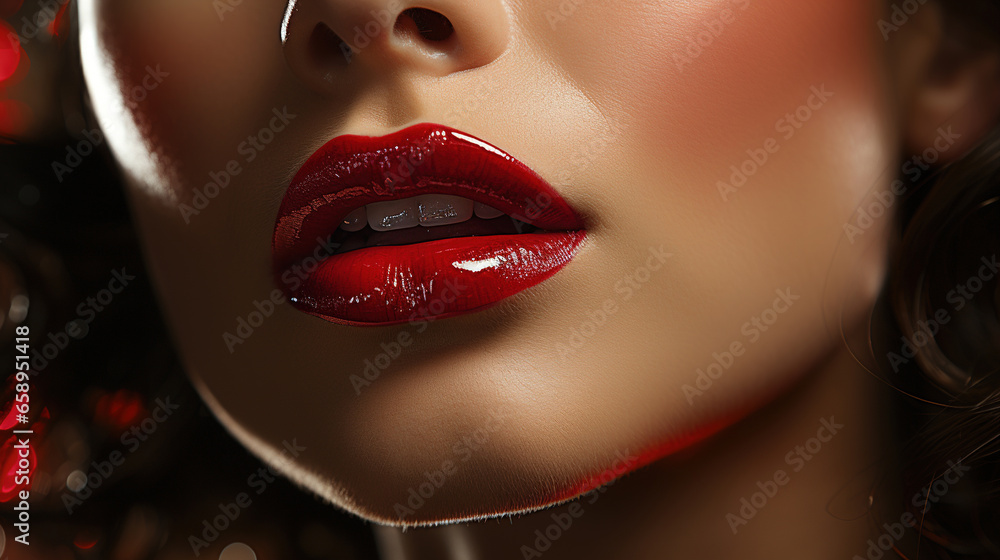 Deep Red Lipstick on Beautiful Girl Shiny Red Lips Close-Up Macro Photograph Selective Focus