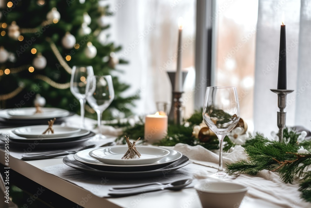 Christmas dining table, Christmas decor with a Christmas tree in the background,
