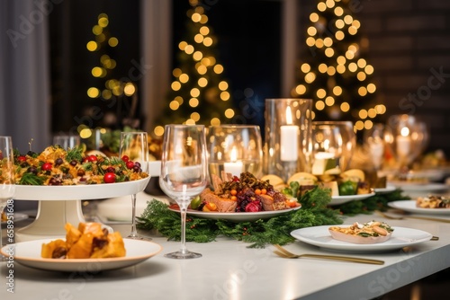 Christmas dining table  Christmas decor with a Christmas tree in the background 