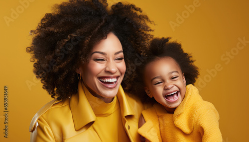 happy vogue fashion mother wearing lovingly embracing her kid, Bright solid light background