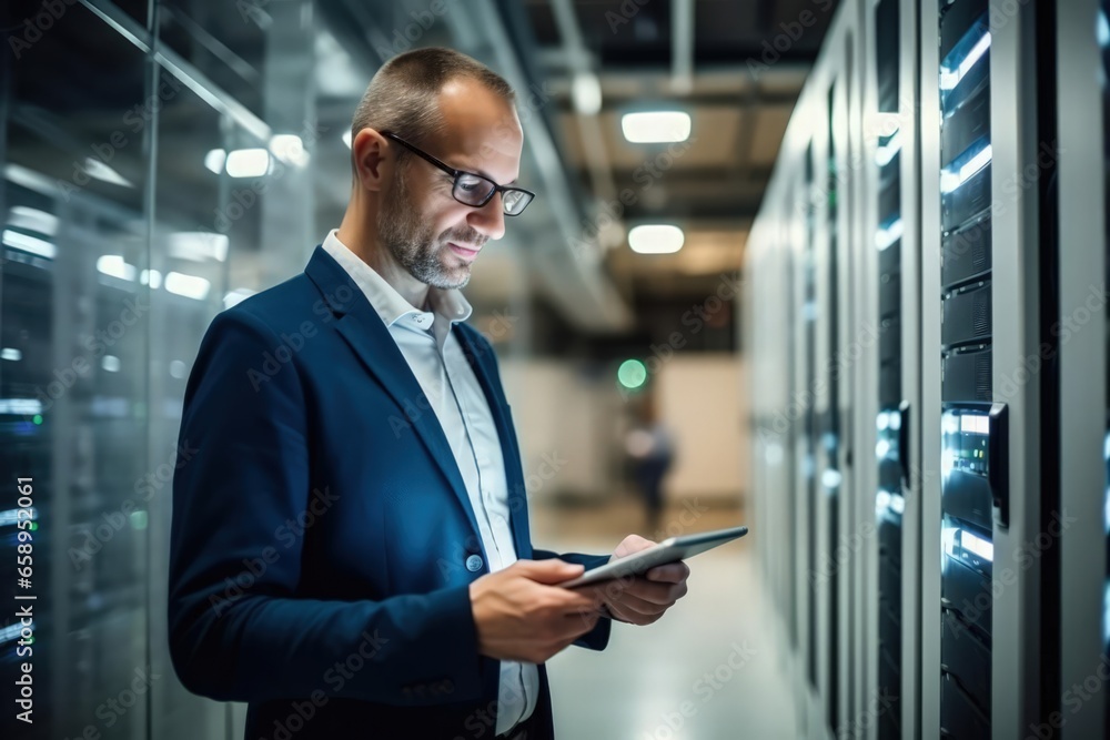 successful data engineer inside a server room looking at his tablet and ...
