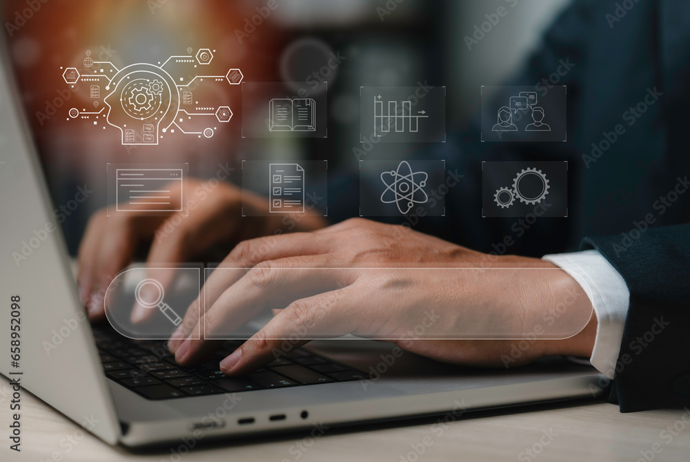 Businessman use laptop computer to Searching for information, search with Ai assistant, Businessman Search On Virtual Screen Data Search Technology Search Engine Optimization. Businessman use laptop computer to Searching for information, search with Ai assistant, Businessman Search On Virtual Screen Data Search Technology Search Engine Optimization.