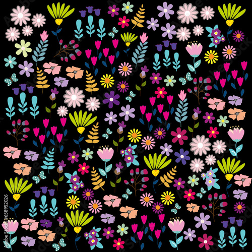 Fondo floral de colores variados sobre negro.