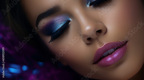 Emotional model girl face closeup with party makeup, close up portrait of woman with makeup, party disco celebration concept
