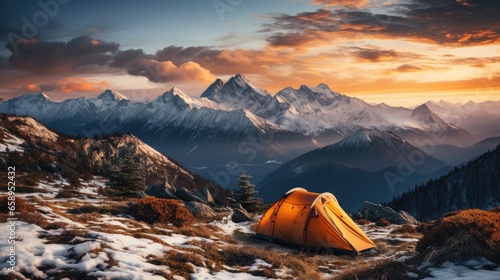 Beautiful summer landscape with mountains, with a tourist tent in the foreground on a sunny day.