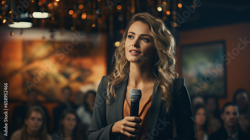 Young woman on the meeting conference speaking. Business leadership conference speaker. Lecture adult indoors seminar audience businessman business team person group briefing meeting conference