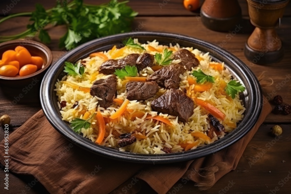 A plate of rice with meat and carrots. Imaginary illustration. Uzbec plov, pilaf dish.