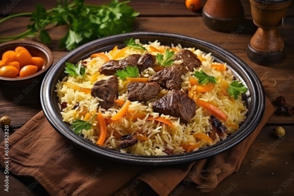 A plate of rice with meat and carrots. Imaginary illustration. Uzbec plov, pilaf dish. A plate of rice with meat and carrots. Imaginary illustration. Uzbec plov, pilaf dish.