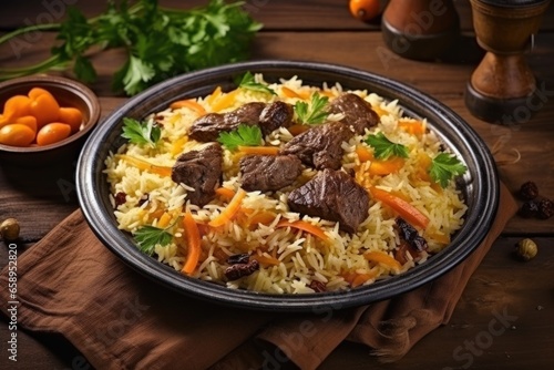 A plate of rice with meat and carrots. Imaginary illustration. Uzbec plov, pilaf dish.