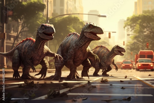 A group of dinosaurs crossing a street in a city. Imaginary illustration.