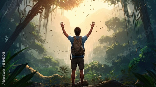 Male hiker, full body, view from behind, standing in the rainforest with raised arms, hands clenched into fist