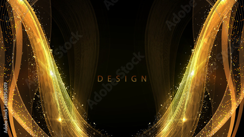 Golden wavy shapes with sparkles and tinsel,abstract frame on a black background