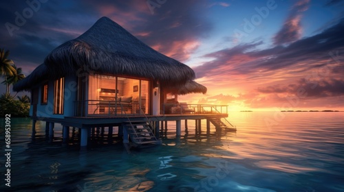A thatched hut sitting on top of a body of water