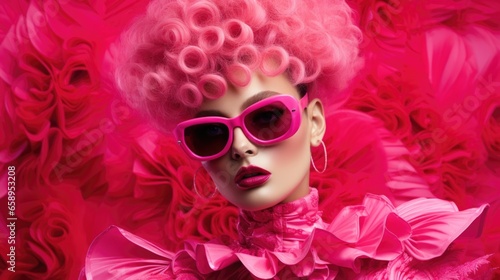 A woman with pink hair wearing pink sunglasses and a pink dress
