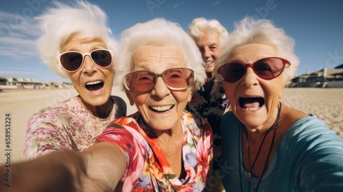 A group of older women taking a selfie on the beach
