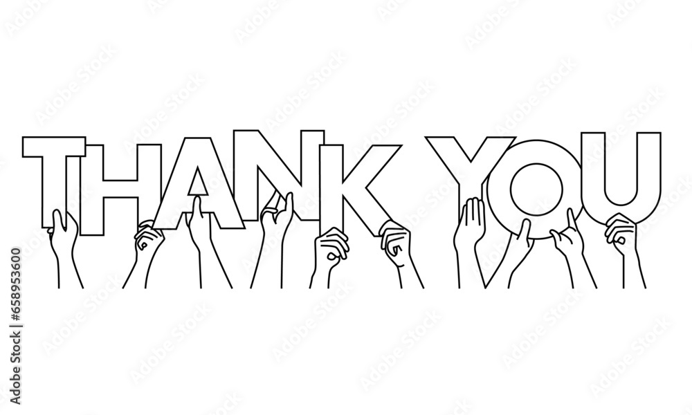 hands holding up letters shaping the word thank you line art black vector isolated on white background. hands holding up letters shaping the word thank you line art black vector isolated on white background.