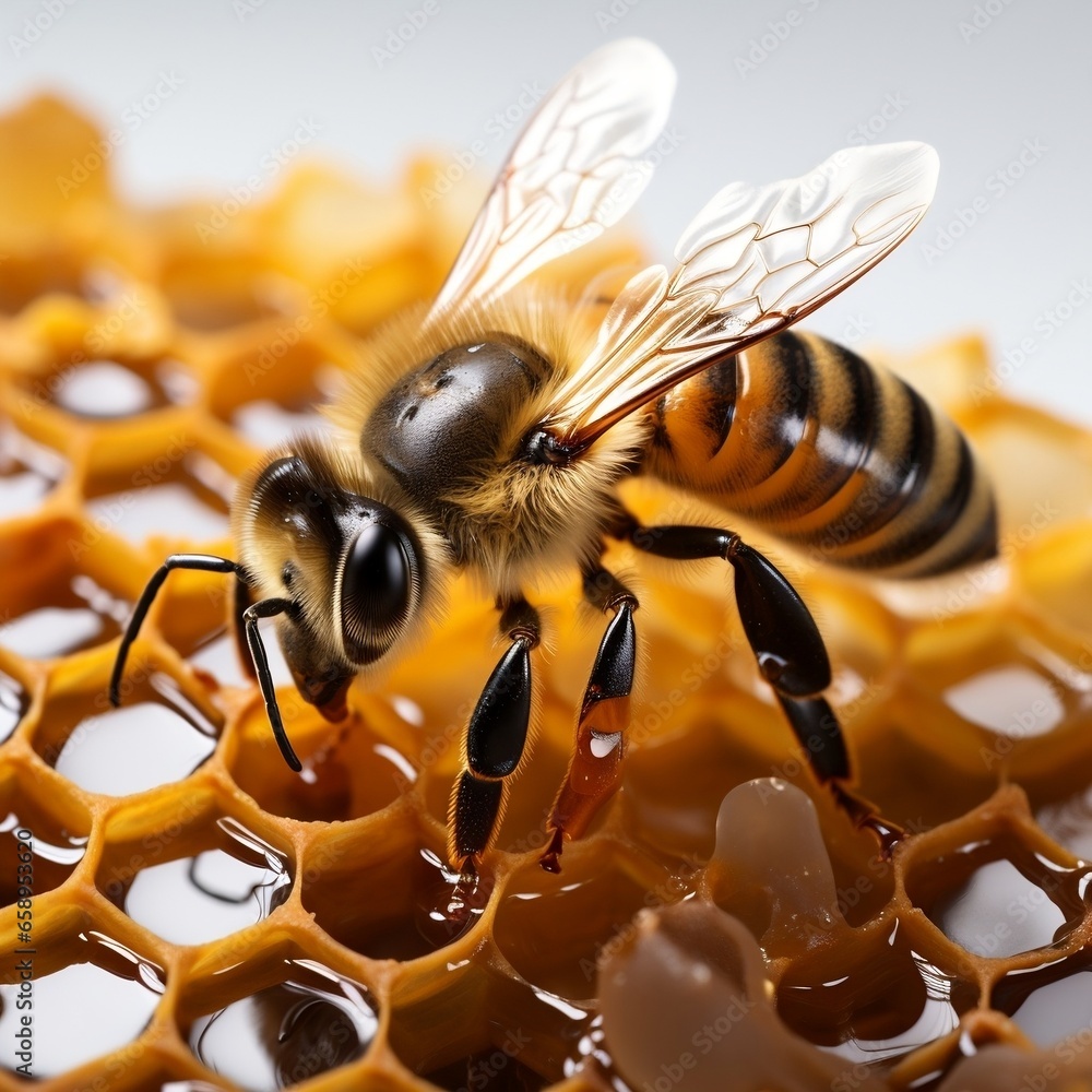 Bee on a honeycomb isolated on a white background Bee on a honeycomb isolated on a white background