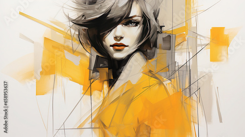 Beautiful Women Face Portrait in Straight Black And Yellow Lines In The Style of Architects Sketches