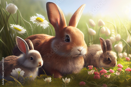 Mother hare with little hares on a green meadow. AI generated