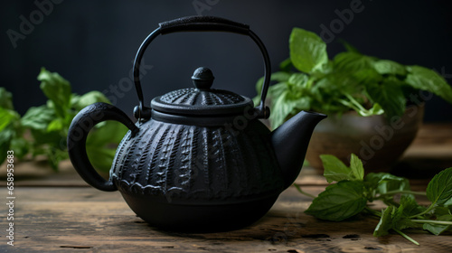 Black iron Asian teapot with sprigs of mint for tea.