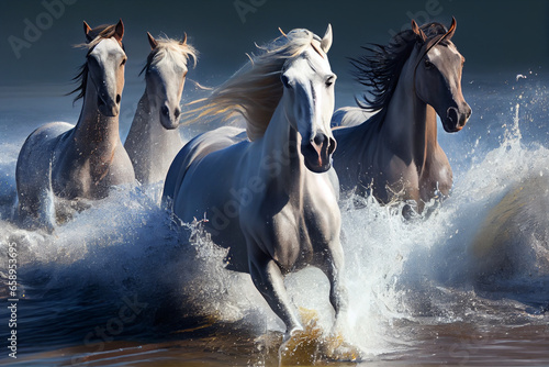 A herd of thoroughbred horses runs along the seashore, raising splashes of water. AI generated