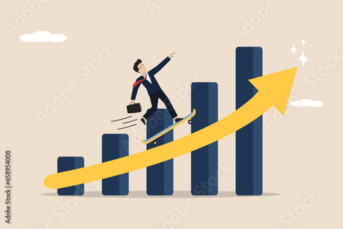 Business growth moving forward, accelerating business growth, increasing business progress, smart businessman company leader riding skateboard rapidly increasing profits graph diagram.